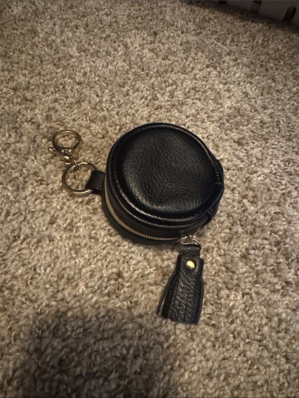 Black Leather Round Coin Pouch Keychain with Tassel